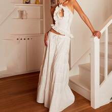 Y2k Ruffle Long Skirt Sets For Women 2 Piece Outfits Summer Ruched Backless Cami Top Matching Boho Maxi Skirt Set - White-a - View 3