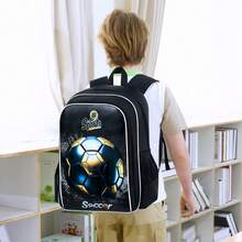 3件套足球书包，男童款，17英寸儿童足球背包带午餐盒，中小学生书包 - Blackgold Football - 黑色 - 查看 6