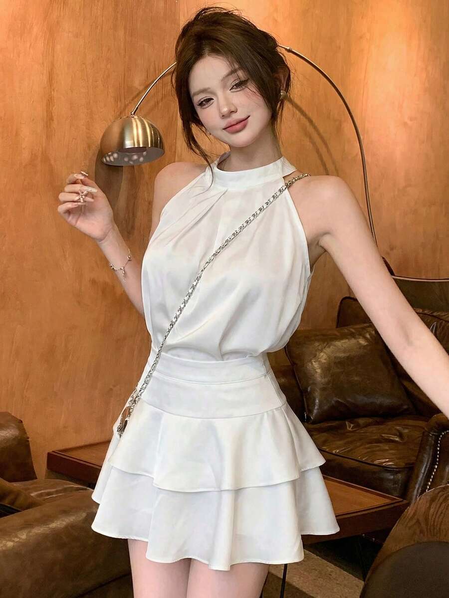 女士夏季无袖吊带背心和荷叶边迷你裙两件套 - 白色兩件套 - 查看 1