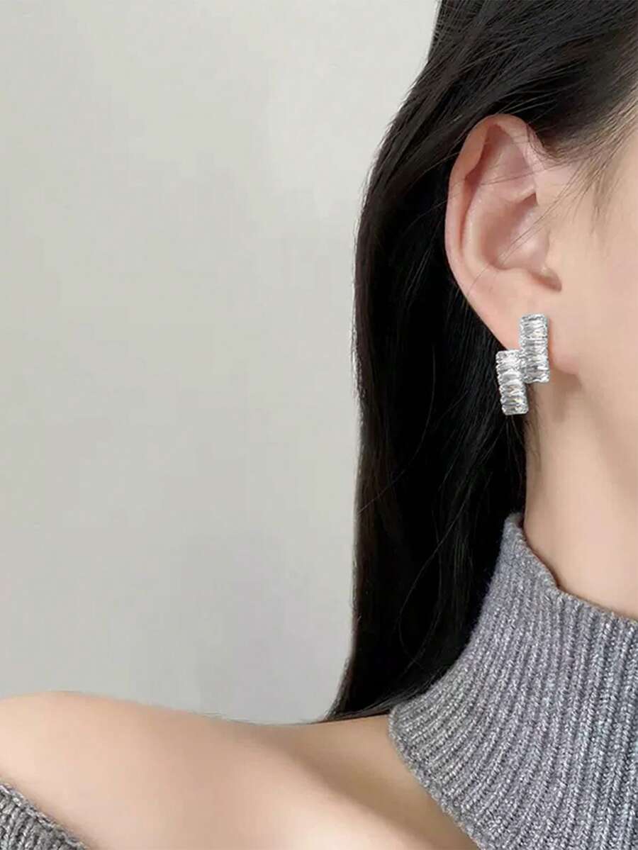 Nooxian 2pcs Minimalist Zirconia Stud Earrings For Women, New Micro-Inlaid Crystal Earrings, Unique Elegant Design - Silver - View 1