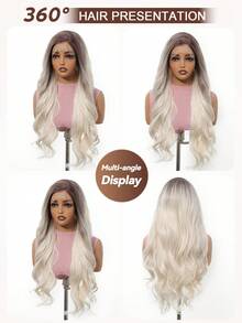 Platinum Blonde Ombre 13*4 Lace Wig Long Wavy Natural Looking 26 Inch Fluffy Curly Synthetic Lace Front Wig Perfect For Date Daily Wear & Special Occasions - Multicolor - View 9