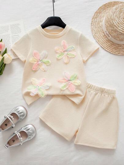 2pcs/Set Girls' Summer Casual Sequin Floral Decor Short Sleeve Top And Shorts Set