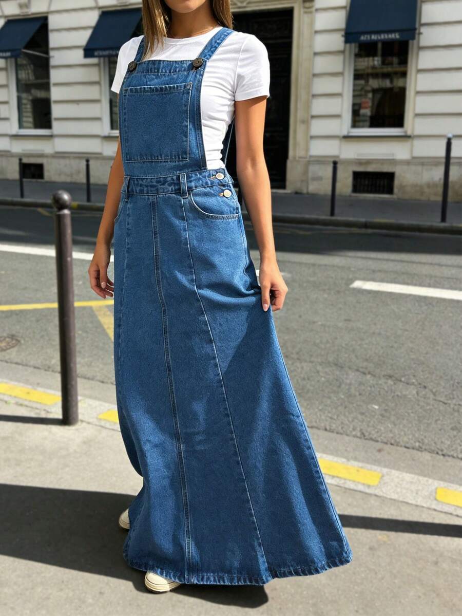 Women's Non-Stretchy Solid Denim Maxi Dress - Elastic Waist Button-Strap Functional Pockets Loose Comfort Daily Casual Dress - 中等水洗藍 - 查看 1
