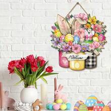 1pc Happy Easter Door Sign Easter Bunny Egg Wooden Door Decor Floral Spring Hanging Door Sign Bunny Rabbit Sign For Easter Spring Party Indoor Outdoor Home Decorations - Multicolor - View 3