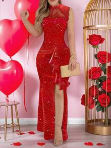 Sleeveless Lace Patchwork Sexy Solid Color High Slit Elegant Ruffle Hem Glitter Long Party Dress For Women, Valentine's Day Gift Summer Red - Red - View 2