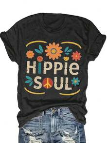 Hippie Soul Boho Floral Print T-Shirt | Retro Inspired Graphic Tee For Festival & Everyday Wear | Comfortable Cotton Blend, Relaxed Fit - màu đen - Xem 1