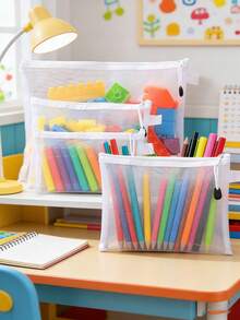 1/6/12pcs Mesh Storage Bags Organizer Set, Large Capacity Transparent Mesh Zipper Pouches, Boho Style File Folder, Pencil Case, Cosmetic Bag - Multicolor - View 8