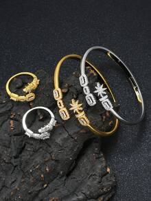 1件/1套 2件装 时尚百搭镶钻闪亮星星开口戒指和手链套装，女士日常/节日/派对配饰，开斋节/宰牲节礼物 - 鋯鑲閃耀矩星星 - 查看 1