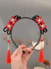 1件复古风发箍新年红色发箍假发辫花流苏发夹女孩发饰中国风头饰 - 彩色 - 查看 6