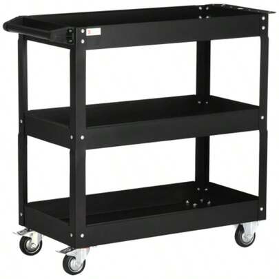 3-Shelf Steel Workshop Trolley On Wheels With Handle - Max. Load 150 Kg - 83 X 35.3 X 76 Cm Black