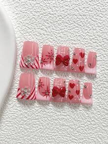 10pcs Romantic Autumn/Winter Acrylic Nail Art Set, Including 3D Silver Snowflake Decorations, Red Bow, Hand-Painted Red Snowflakes With Small Silver Beads, Red Striped Nail Decals, Red Hearts, Comes With Nail Tools (1 Jelly Sticker + 1 Nail File), Available In Almond, Duck Mouth, And Coffin Shapes, Suitable For Daily, Party, Photo Shoot, Office And Other Occasions Nails Handmade Press On Nails - 彩色 - 查看 2