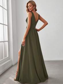 女士V领纯色开衩连衣裙，适合春季婚礼穿着 - 橄欖綠 - 查看 3