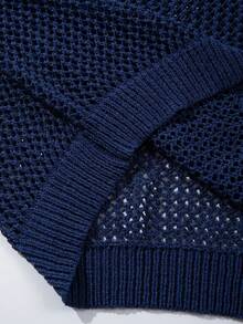 BLACKTOEXIT Men's Knitted Short Sleeve Crew Neck Fitted Loose American Street Style All-Over Hollow Mesh Solid Color Sheer Knit T-Shirt Spring Summer Knit Top - Navy Blue - View 9