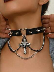 1/4 Pcs Gothic Punk Black Cross Necklace For Women, Handmade PU Leather Chain Choker With Spikes, Heart Leash Collar Adjustable Cross Pendant Jewelry - Black - View 7