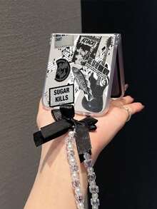 1个时尚磨砂PC材质简约哥特吉他音乐元素折叠手机壳，搭配同色手链，可保护手机并防止跌落：三星Galaxy Zflip 3/Zflip 4/Zflip 5/Zflip 6/Zflip 7/OPPO Find N3 Flip/ Razr 50 Ultra/ Razr 60 Ultra/ Razr 60/ Razr 50/小米MIX Flip/Galaxy Z Flip7 FE - 透明黑 - 查看 9