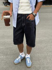 男士宽松海军蓝休闲街头风牛仔短裤 - 黑色 - 查看 1