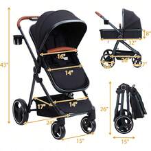 2-en-1 cochecito de bebé con cesta de Moisés para bebés y recién nacidos de 0 a 36 meses, cochecitos plegables ligeros de viaje con paraguas, cochecitos compactos con asientos reversibles para niños pequeños - Negro - Ver 2