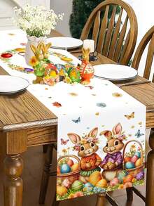 1 pieza Conejito colorido, huevo, mariposa Patrón de 35*180cm Camino de mesa de estilo granja de poliéster para Pascua, decoración alegre del hogar para Pascua, decoración de mesa de comedor para las vacaciones de primavera 2026 - Multicolor - Ver 8