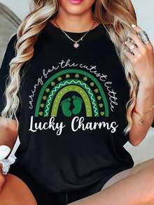 Conjuntos de San Patricio para mujer: Cuidando los amuletos de la suerteálindos. Camiseta de San Patricio 100 % algodón, camisetas de manga corta, conjuntos de primavera y verano 2026 para mujer, tops negros tees - Negro - Ver 6