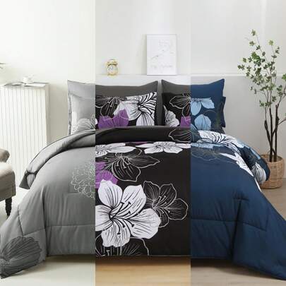 7 Piece Navy Blue Luxury Floral Comforter Set Queen King Size, Navy Blue Flower Bed In A Bag, Elegant Floral Comforter With Sheet Set, Soft Microfiber Bedding Set For Wedding Items,Valentines Day Home Bed Room Decor,Easter Gifts,All Season