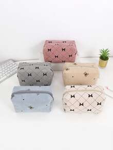 灯芯绒蝴蝶结设计铅笔盒，大容量拉链袋，带手提带，美观布艺笔袋，适用于学校和办公室用品收纳，便携式枕形文具包，适合日常使用 - 多色 - 查看 4