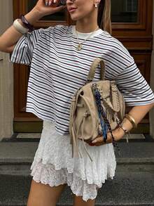 女士彩色条纹短款圆领T恤，针织面料，中等弹性，常规长度休闲上衣，女士健身服，春夏白色 - 白色 - 查看 4