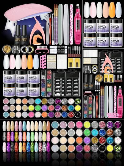 peacecolor 10g Acrylic Nail Art Kit - Transparent, Pink, White, Nude, Orange Powder, Glitter Powder, Nail Lamp And Hole Puncher, DIY Nail Extension Supplies, Salon Gift For Women Nails