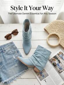 Bello Star Women's Denim Ankle Boots, Folded Design, Chunky Heel, Pointed Toe, Fashionable & Versatile, Casual Boots For Spring & Autumn - Baby Blue - View 1