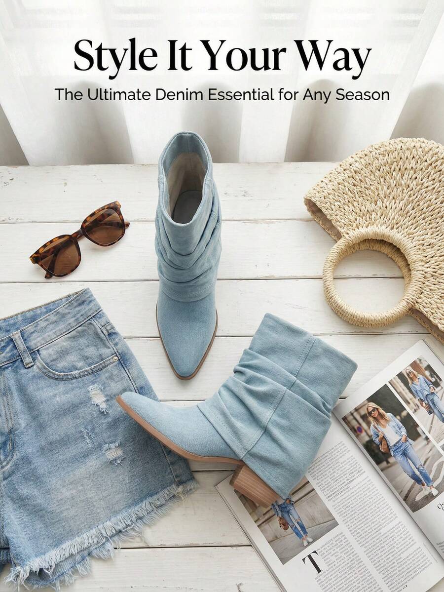 Bello Star Women's Denim Ankle Boots, Folded Design, Chunky Heel, Pointed Toe, Fashionable & Versatile, Casual Boots For Spring & Autumn - Baby Blue - View 1