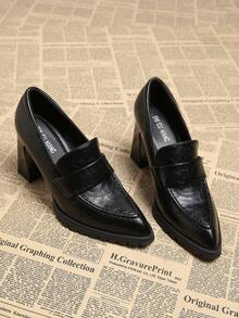 2026 Spring New Women's Shoes, Pointed Toe Fashion Elegant Retro Leather Pumps, High Chunky Heel Casual Commute Slimming Chic Black & Burgundy - Black - View 3