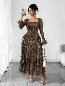 Solstice Apparel Plus Size Leopard Print Side Layered Ruffle Long Sleeve Square Neck Dress, Sheer Mesh Waist Cinched Flared Maxi Dress, Perfect For Commute, Gatherings, Parties, Dates & Dinners, Fall Winter Outfit - Brown - View 4