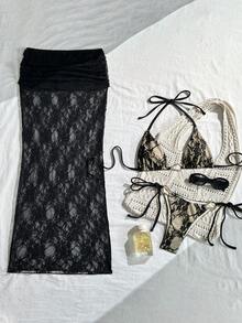 Bohemian Style Women's Backless Tie-Up Bikini Set, Side Tie Ruffle Hem, High Stretch Fabric, Sheer Details - Multicolor - View 3