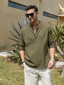 Men's Cotton Linen Long-Sleeved Shirt - xanh quân đội - Xem 2