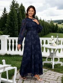 Elegant Jacquard Lantern Sleeve Waist Cinched Dress - Navy Blue - View 3