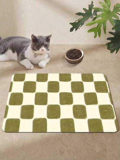 PETSIN 1pc,Retro Olive Green Checkerboard Pet Feeding Mat - Non-Slip, Absorbent Mats For Food And Water Bowl, Dispenser, Durable Polyester,Diatomite Dog & Cat Food & Water Bowl Pad,Cute Elegant Pet Placemat For Dogs, Cats, Puppy Accessories, Classic Design For Home Office Decor, All-Season Easy Care, Pet Feeding Mat.Halloween, Christmas, New Year