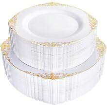 102PCS White And Gold Plastic Plates - Heavy Duty Gold Disposable Plates Include 51PCS 7.5inch Dessert Plates, 51PCS 10.25inch Dinner Plates For Wedding & Parties - 金色 - 查看 1