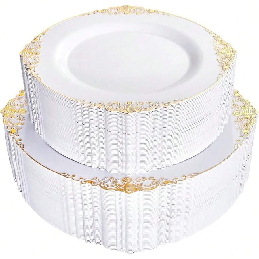 102PCS White And Gold Plastic Plates - Heavy Duty Gold Disposable Plates Include 51PCS 7.5inch Dessert Plates, 51PCS 10.25inch Dinner Plates For Wedding & Parties - 金色 - 查看 1