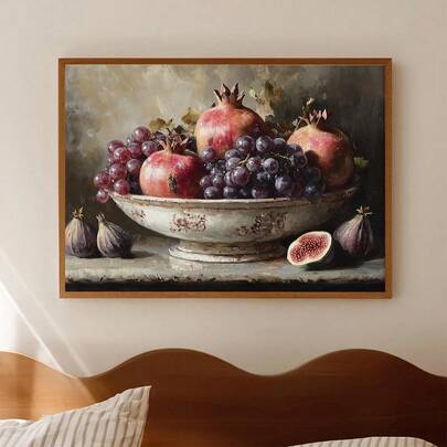 1pc, Canvas Wall Art, Framed Wall Decor, Vintage Pomegranate Still Life Wall Painting, Rustic Oil Painting, Elegant Kitchen Wall Art, Classic Fruit Scene, Vintage Pomegranate Fruit Print Painting, Kitchen Decorative Art, Still Life Rustic Fruit Bowl, Spring Decor, Vintage Spring Home Decor