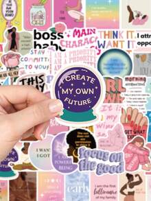 52张卡通愿景板贴纸，美观涂鸦风格，适用于手机壳、笔记本电脑、行李箱、剪贴簿、文具、日记本、冰箱、衣柜、钱包、背包、吉他等，PVC材质。 - 1 Set - 查看 6