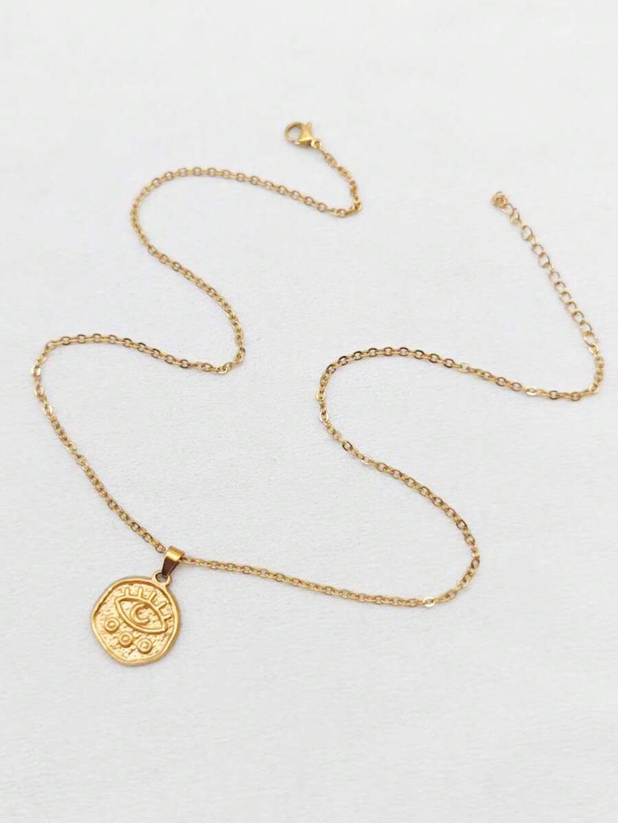 1pc 18K Gold Plated Stainless Steel Bohemian Style Round Oval Evil Eye Pendant Necklace, Punk Dark Hip Hop Minimalist Jewelry - Yellow Gold - View 1