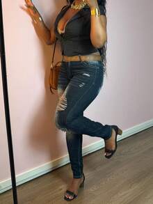 Women's Tight Jeans With Elastic Tearing Holes And Slanted Pockets, Casual Tight And Sexy Slim Fit Jeans - 深色水洗藍 - 查看 10