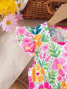 Vestido con estampado floral y cuello cuadrado para niñas, diseño alegre y elegante, adecuado para uso diario, fiestas o festivales, cómodo y de moda - Multicolor - Ver 8
