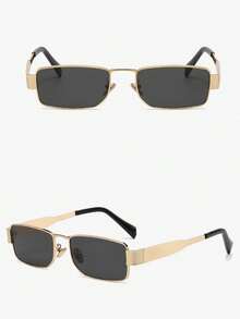 1 Pair Fashionable Gunmetal Square Fashion Glasses, Versatile Retro Unisex Fashion Glasses Suitable For Driving, Street Photography, Vacation, Runway, And Daily Wear - Golden Gray - View 4