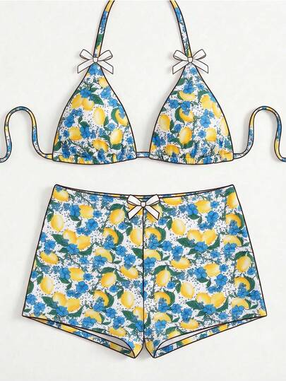 2pcs Women's Swimsuit Set, Fruit Print Cute Romantic Halter Backless Bikini Top And Ladies' Briefs, Suitable For Holiday/Beach Wear, Spring/Summer