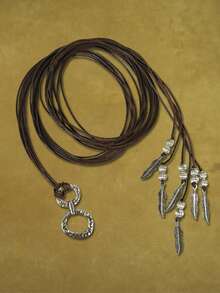 1pc Brown Leather Silver Bead Pendant Necklace For Women, Suitable For Everyday Outings, Parties, And Vacations - 彩色 - 查看 2