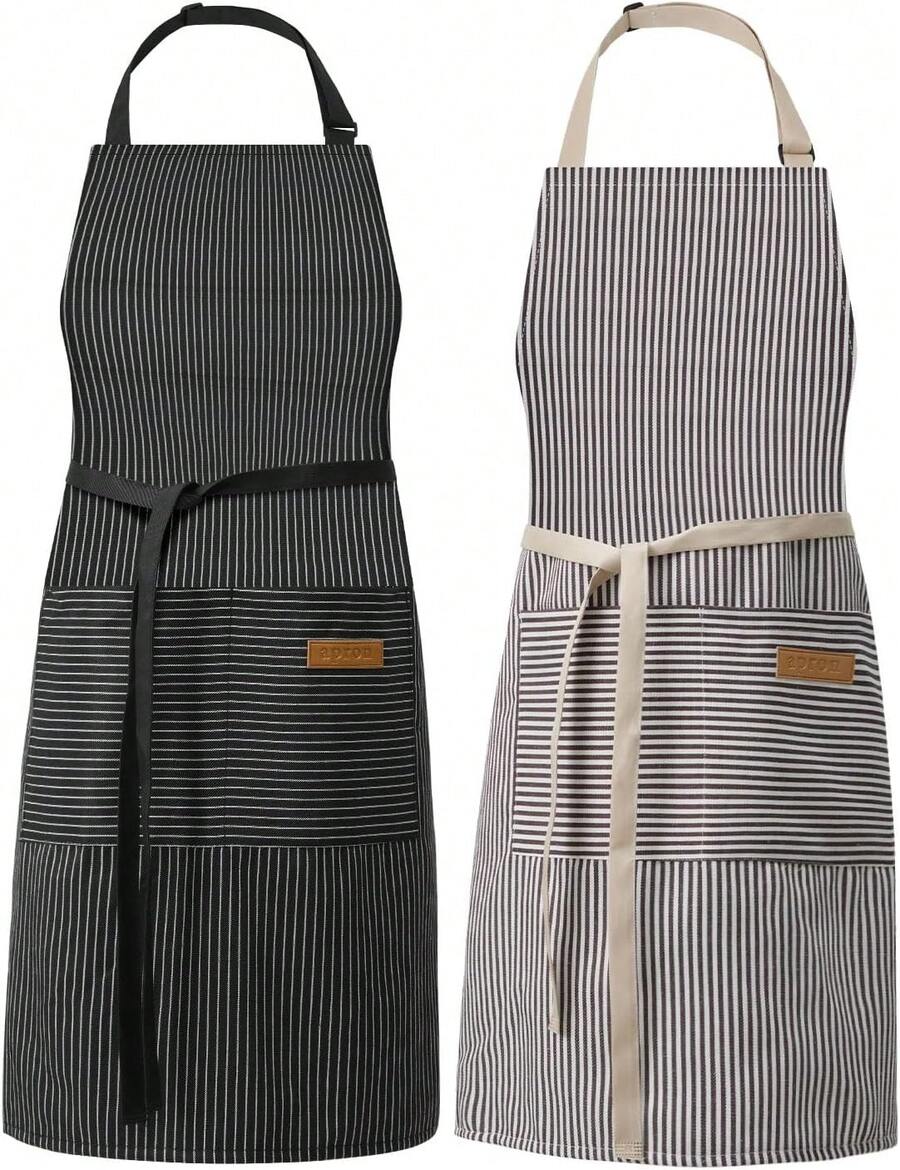 Adjustable Cooking Apron With Pockets - Unisex Chef Bib Apron For Kitchen - Narow Black Narow Brown - 查看 1