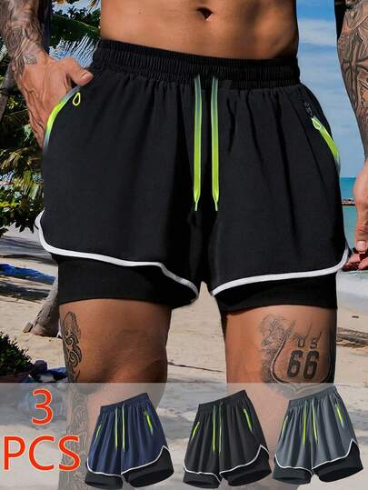 3条装黑色+蓝色+灰色男士抽绳腰带口袋双层休闲沙滩短裤，适合日常休闲、跑步、健身、户外运动，速干短裤