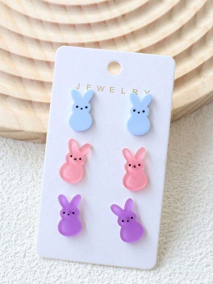 3 Pairs Fashionable Creative Colorful Easter Bunny Earrings For Women, Suitable As Gifts For Friends - Multicolor - View 1