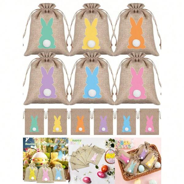 6pcs Easter Burlap Drawstring Gift Bags, Rabbit Shape With Plush Tail, Linen Burlap Material, Easter Candy Bags, Easter Party Supplies, Easter Gift Bags, Perfect For Holiday Gifts, Family Party Favors, Rabbit Gift Bags