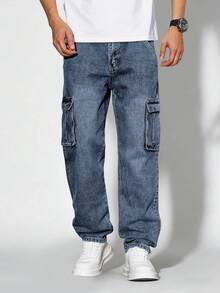 Homme Pantalones vaqueros cargo casuales para hombres, minimalistas y de moda para uso diario - Azul lavado oscuro - Ver 2